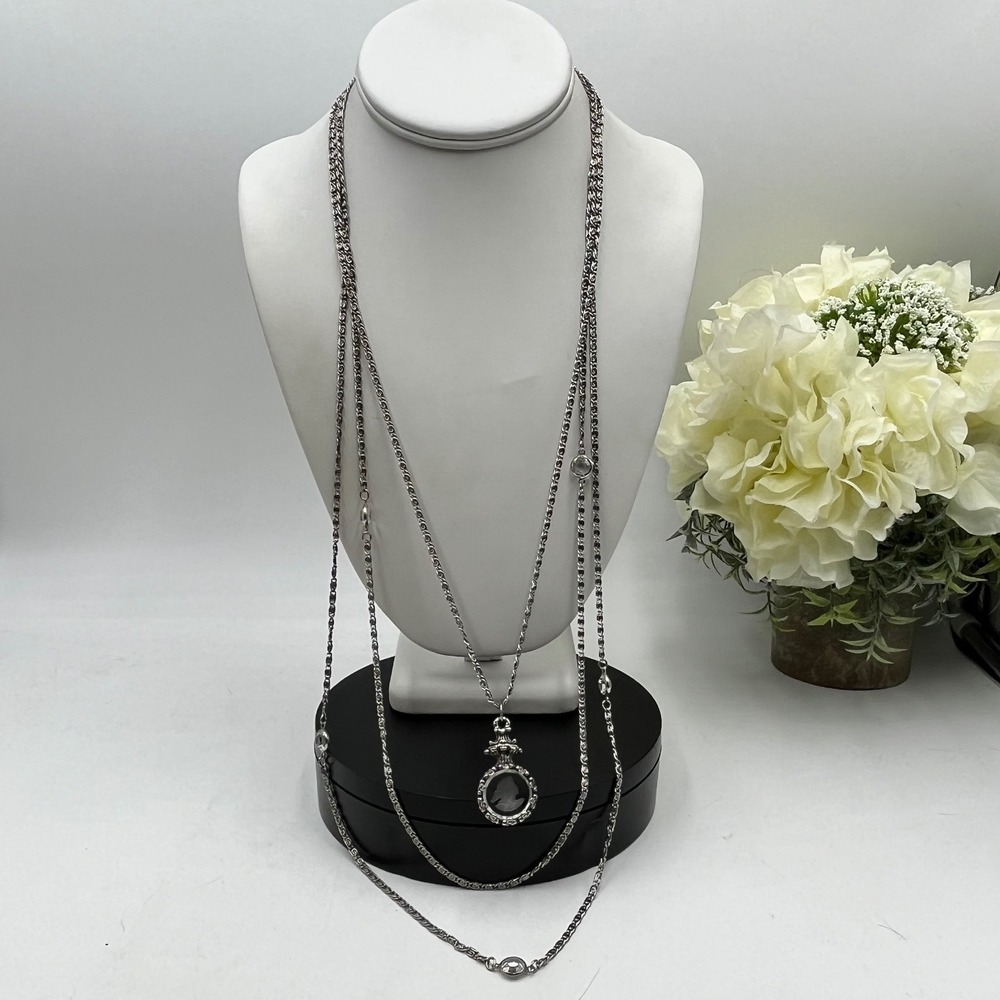 Goldette Signed Vintage Silver Tone Glass Intaglio Cameo Layered Chain
Necklace